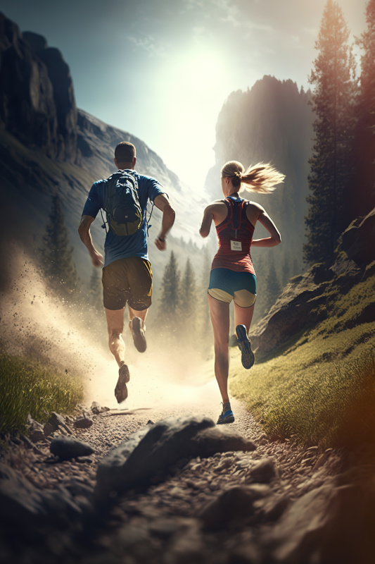 Couple running fast through forest and mountains, on trail run w Extreme Sports Bike
